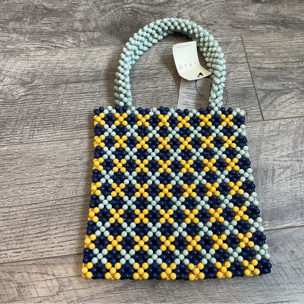 Lulu Nyc Handcrafted Beaded Gingham Blue Multi Tote